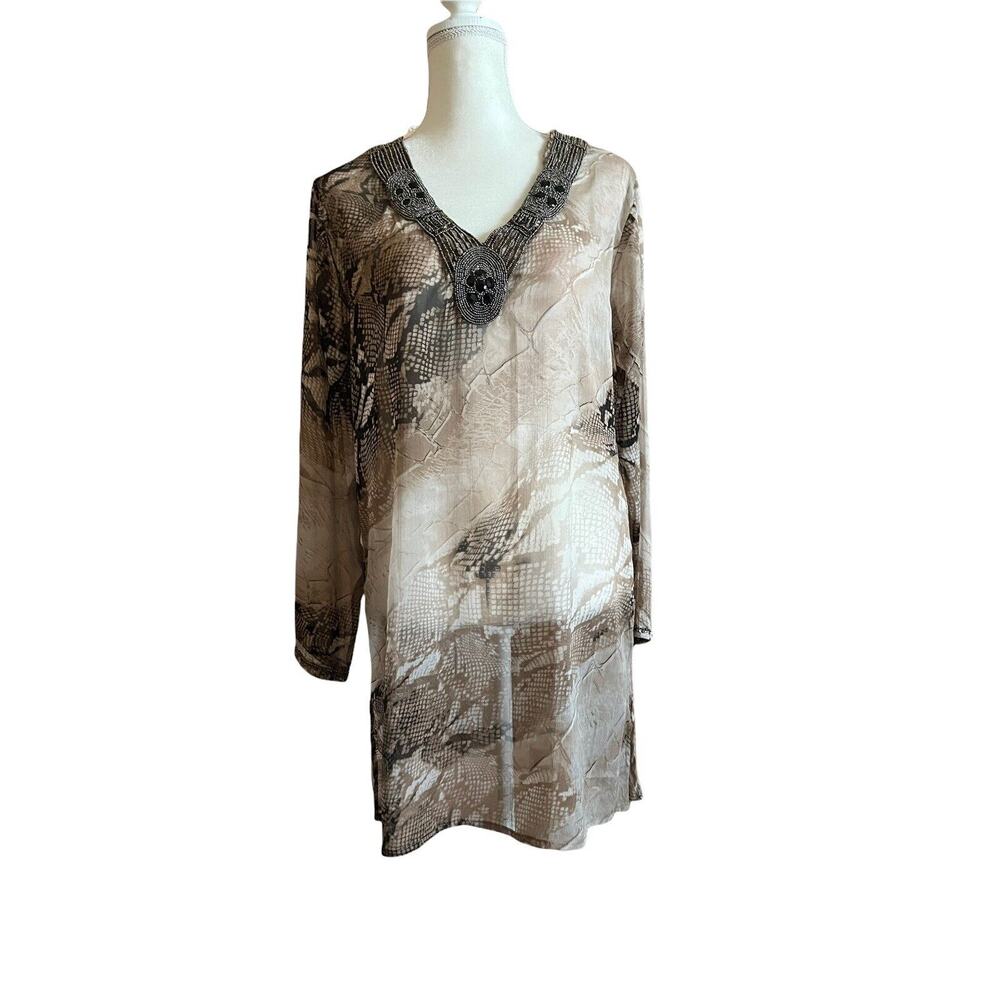AKARU Dubai Beaded Accent Tunic Shirt Long Sleeve Loose top Sz L Cream Brown